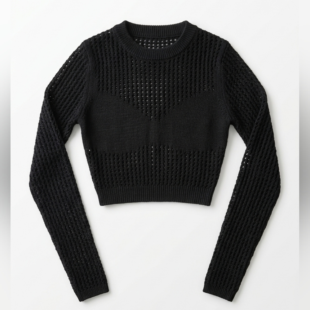 RtA Black Crochet Cropped Long Sleeve Top NWT